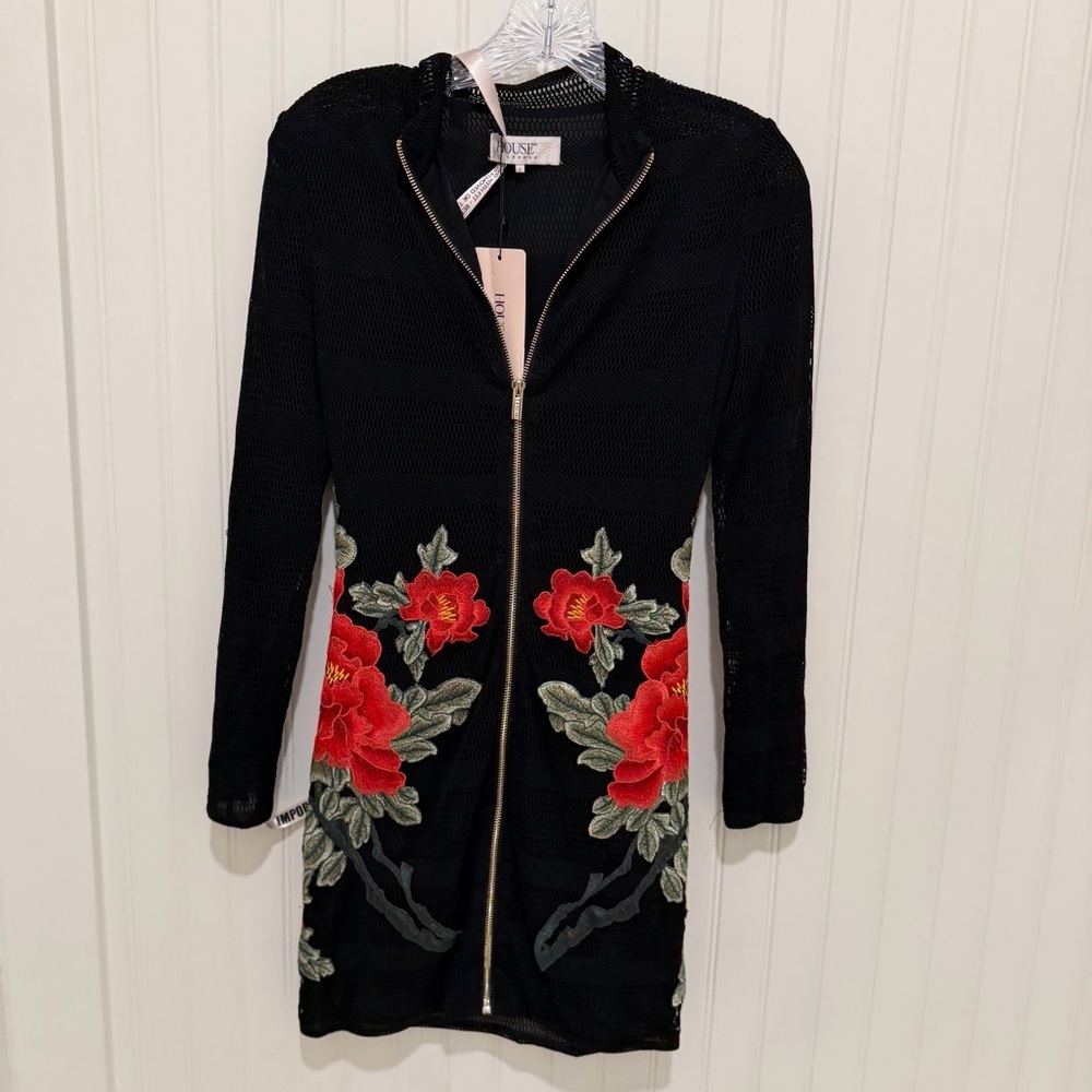 House of CB Athena NWT Black Dress with Red Floral Embroidery Small